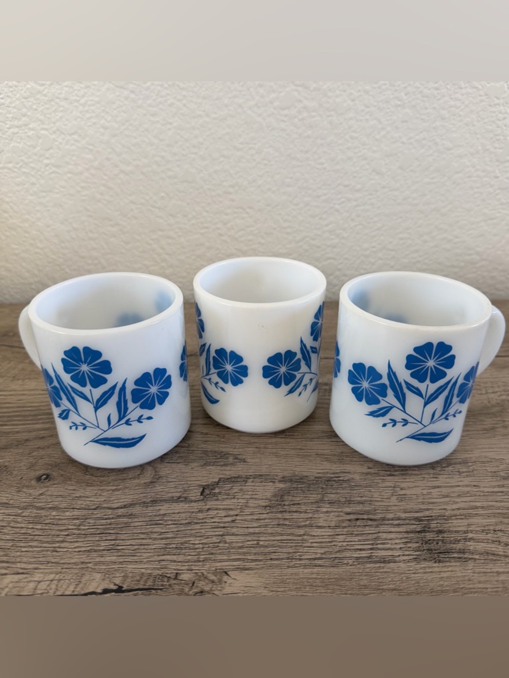 3 Vintage Hazel Atlas Blue Cornflower Milk Glass Coffee Mug Tea Cup 1950s